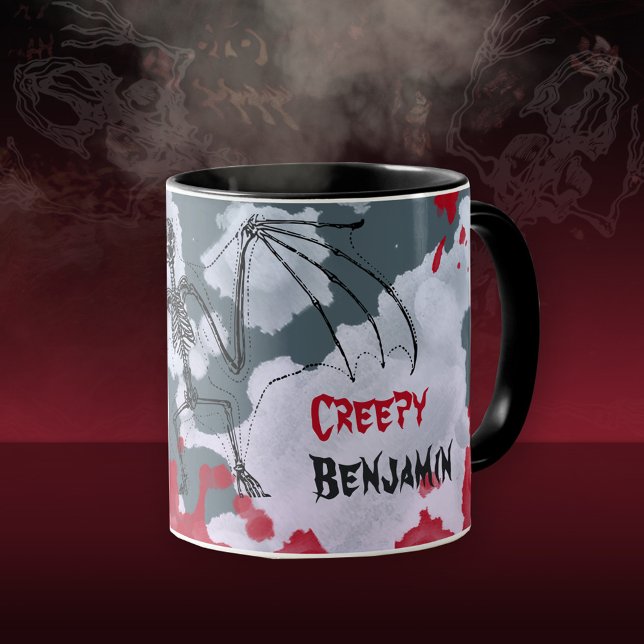Gothic Spooky Bat Skeleton Halloween Gift Mug (Creepy Halloween Bat Skeleton Your Name Mug ©Susanne Sachers - Sunny Mind Design 🌞)
