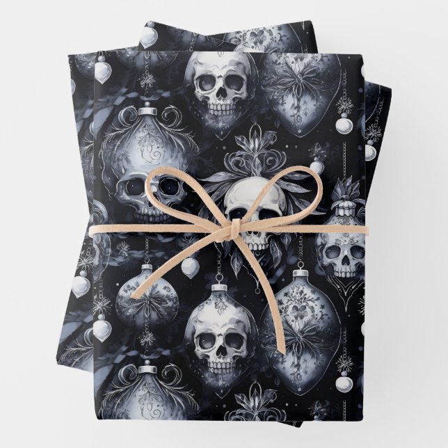 Gothic Spooky Christmas Skulls Wrapping Paper Sheet (In situ)