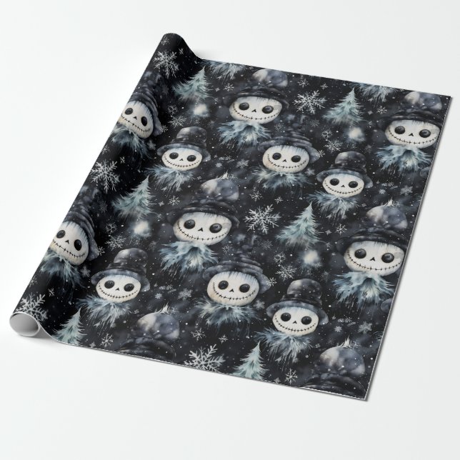 Gothic Spooky Christmas Snowman Wrapping Paper (Unrolled)