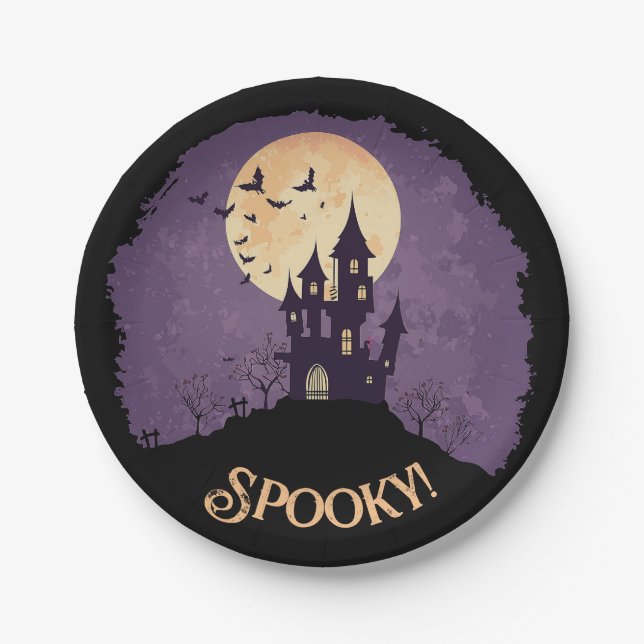 Gothic Spooky Haunted House Halloween Paper Plate (Front)