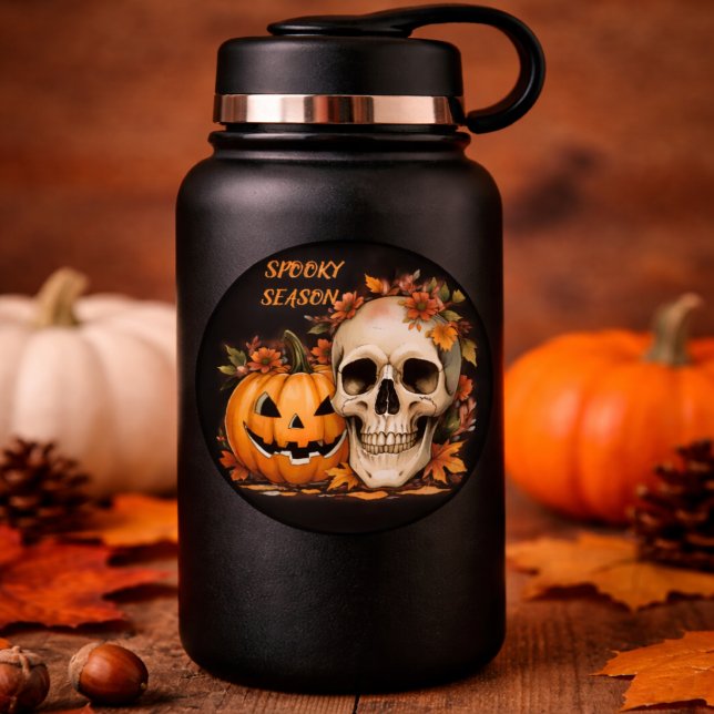Gothic Spooky Skull and Pumpkin  Classic Round Sticker (Creator Uploaded)