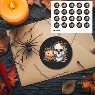 Gothic Spooky Skull and Pumpkin  Classic Round Sticker
