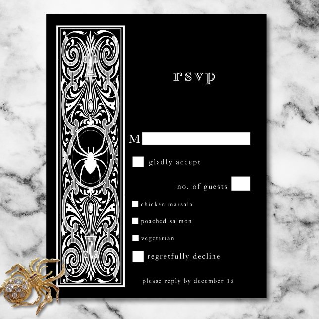 Gothic Spooky Spider Black White Wedding Dinner RSVP Card (Gothic Spooky Spider Black White Wedding Dinner RSVP Card)