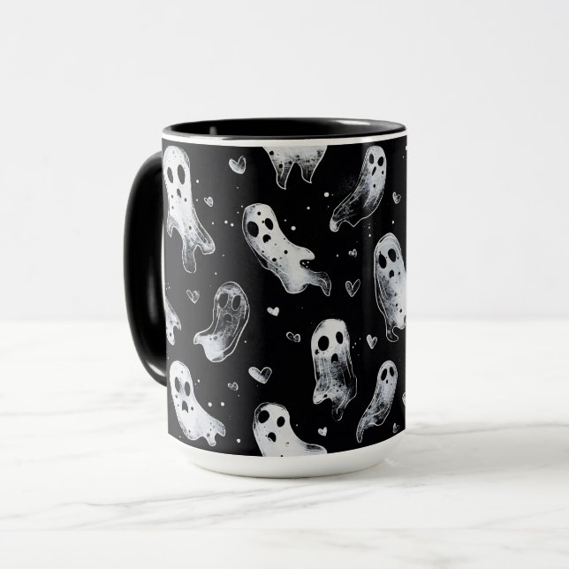 Gothic Spooky Valentine Ghosts with Hearts Mug (Front Left)