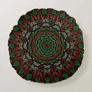 Gothic Stained Glass Leaves Mandala Pattern Round Cushion