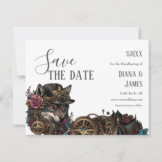 Gothic Steampumk Wolf Pink Floral Handfasting Save The Date (Front)