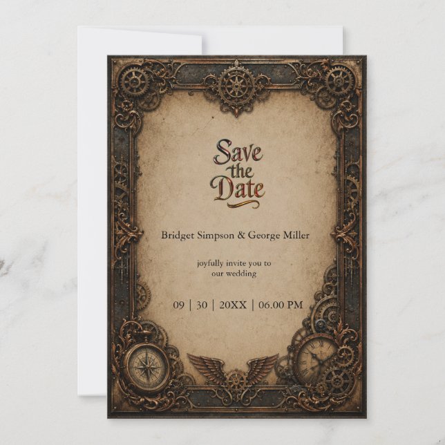 Gothic Steampunk Gear Clock Wedding  Invitation (Front)