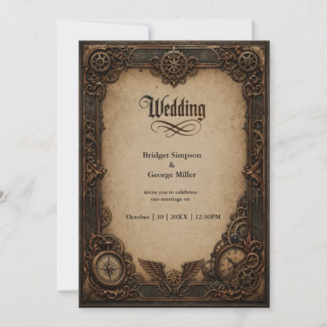 Gothic Steampunk Gear Clock Wedding  Invitation (Front)