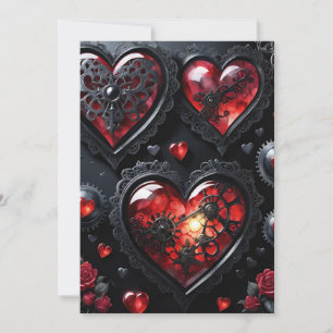 Gothic Steampunk Valentine Red & Black Gear Hearts Holiday Card