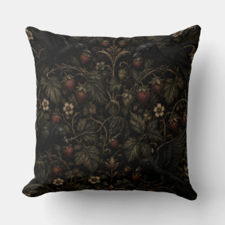 Gothic Strawberry Thieves – Dark Botanical Raven P Cushion