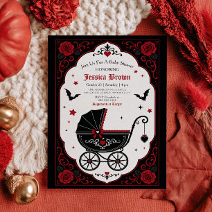 Gothic Stroller Red& Black Halloween Baby Shower Invitation