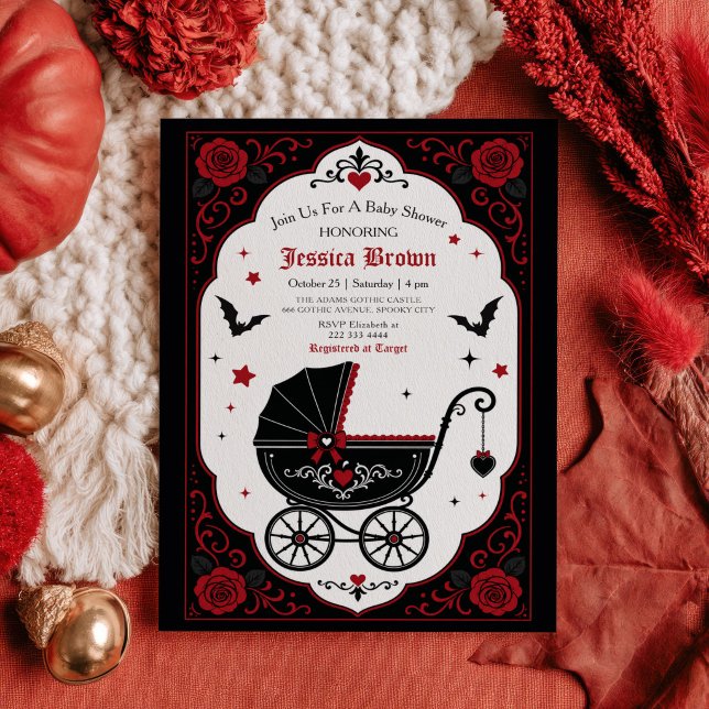Gothic Stroller Red& Black Halloween Baby Shower Invitation (Creator Uploaded)