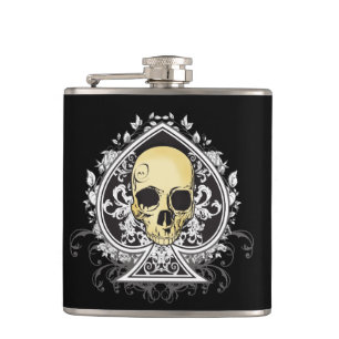 Gothic style black ace of spades with skull, hip flask