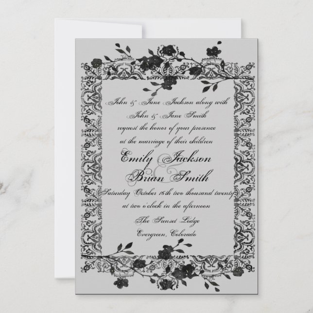 Gothic style black grey rose wedding invitations (Front)