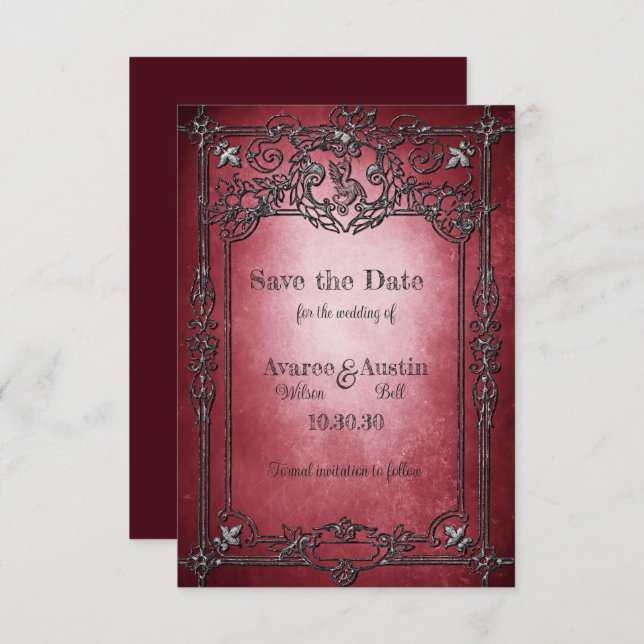 Gothic Style Dark Burgundy Silver Frame Wedding Save The Date (Front/Back)
