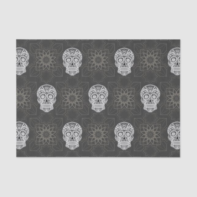 Gothic Sugar Skull and Grey Geometric Pattern Tissue Paper (Front)