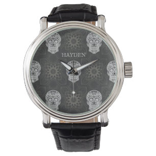 Gothic Sugar Skull and Grey Geometric Pattern Watch