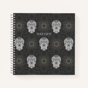 Gothic Sugar Skull and Grey Geometric Personalised Notebook
