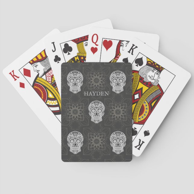 Gothic Sugar Skull and Grey Geometric Personalised Playing Cards (Back)