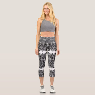 Gothic Sugar Skull Floral Black & White Capri Leggings