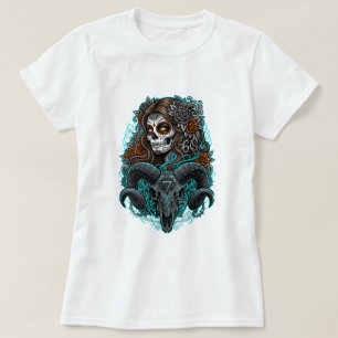 Gothic Sugar Skull Woman & Ram Skull T-Shirt - Dar