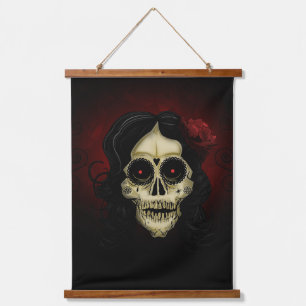 Gothic Sugar Skull Woman Red Rose Day of the Dead Hanging Tapestry