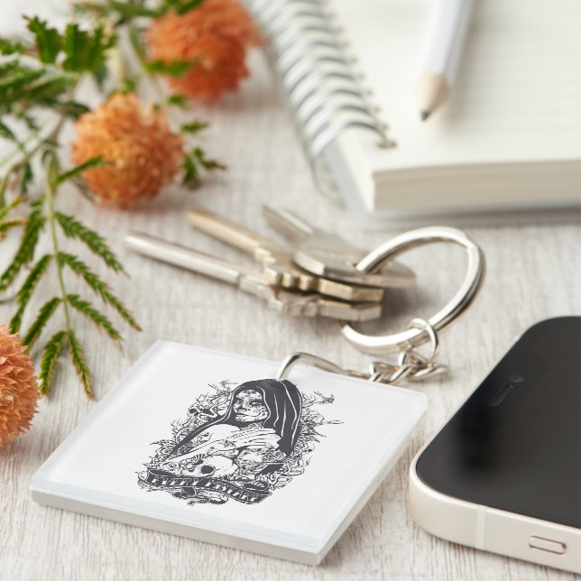 Gothic Sugar Skull Woman Tattoo Art Key Ring (Front Right)