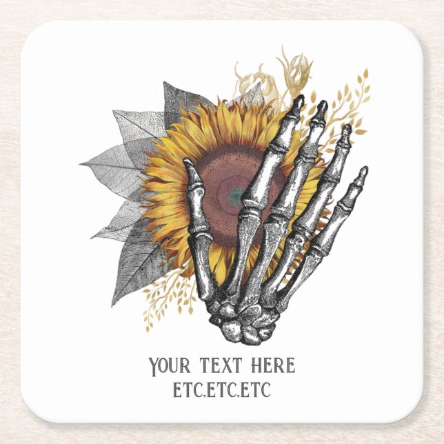 Gothic Sunflower Skeleton Square Paper Coaster (Front)