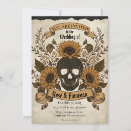 Gothic Sunflower Skull Fall Vintage Halloween Invitation