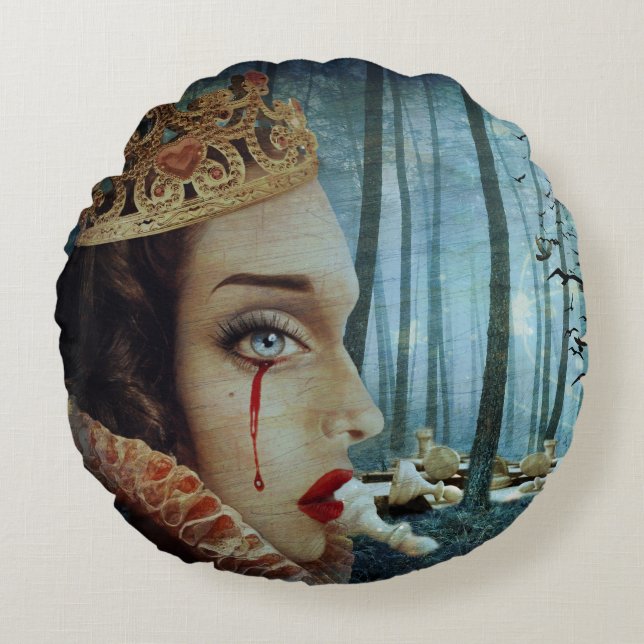 Gothic Surreal Unique Collage Sad Queen of Hearts Round Cushion (Front)