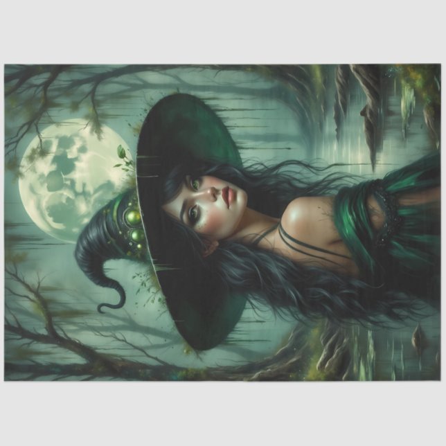 Gothic Swamp Witch with Emerald Glow and Full Moon Tissue Paper (Front)