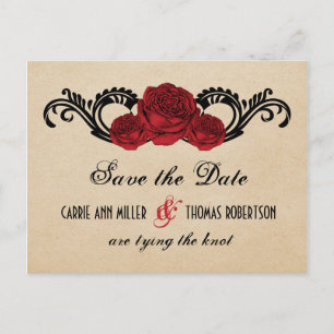 Gothic Swirl Roses Save the Date Postcard, Red Announcement Postcard