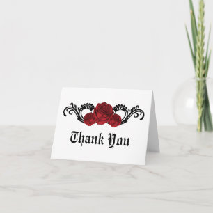 Gothic Swirl Roses Thank You Card, Red Card