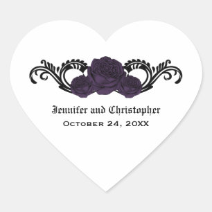 Gothic Swirl Roses Wedding Stickers, Purple Heart Sticker