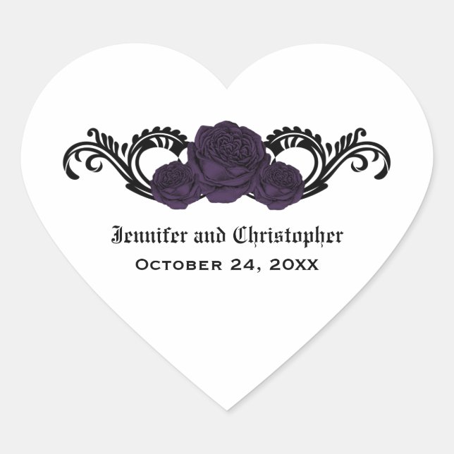 Gothic Swirl Roses Wedding Stickers, Purple Heart Sticker (Front)