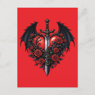 Gothic Sword Heart with Bat Wings Postcard