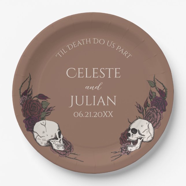 Gothic Tan Brown Floral Skull Wedding Paper Plate (Front)