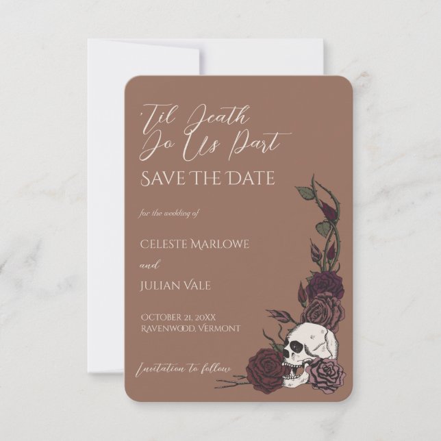 Gothic Tan Brown Skull Til Death Save the Date (Front)