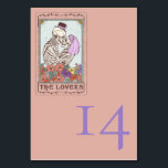 Gothic Tarot Card Lovers Wedding Table Number<br><div class="desc">Gothic Tarot Card Lovers Wedding Table Number. An unusual modern design for your wedding tables, with a Gothic Tarot Card depicting Skeleton Lovers motif. Personalise each number and add to your cart separately. Change the text and background colours if you wish to match your own wedding colour theme via the...</div>