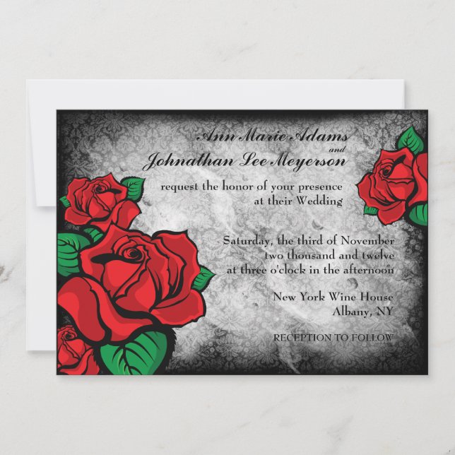 Gothic Tattoo Roses on Damask Background Invite (Front)