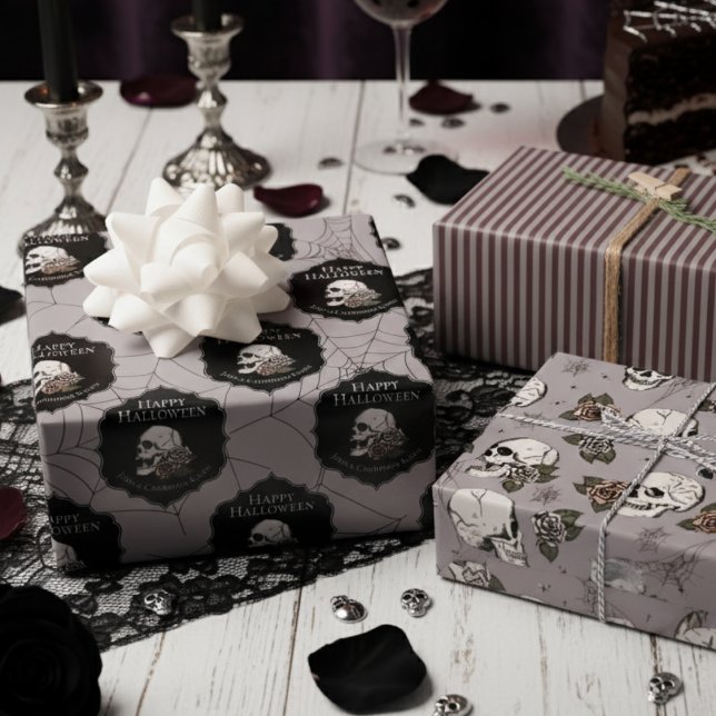 Gothic Taupe Grey Skulls and Stripes Halloween  Wrapping Paper Sheet (Gothic Taupe Gift Wrap For Her. Vintage Floral Skulls, Roses Pattern. Halloween October Birthday)