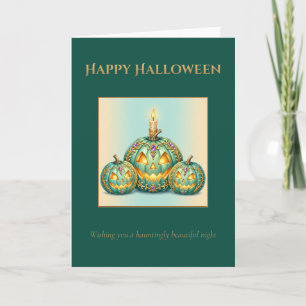 Gothic Teal and Gold Jack-O-Lantern Trio Card