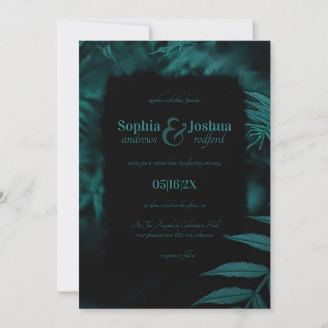 Gothic Teal Black Wedding Dark Leaves Handfasting Invitation (Front)