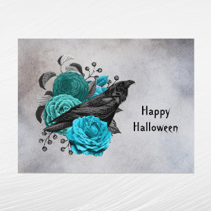 Gothic Teal Floral Crow Halloween Holiday Postcard