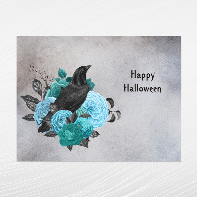 Gothic Teal Floral Raven Halloween Holiday Postcard (Creator Uploaded)