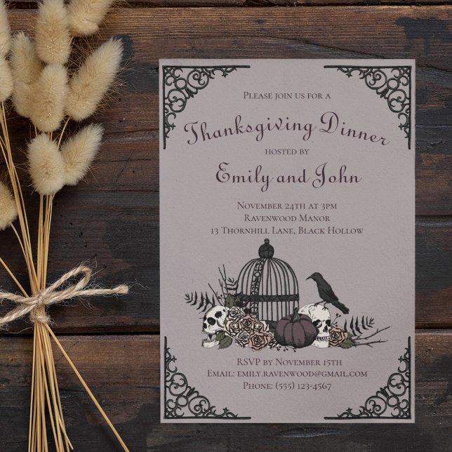 Gothic Thanksgiving Skulls, Pumpkin & Fall Leaves Invitation (Gothic Dinner Invitation in Taupe. Elegant Hand-Drawn Skulls & Roses, Black Raven, Birdcage, Iron)