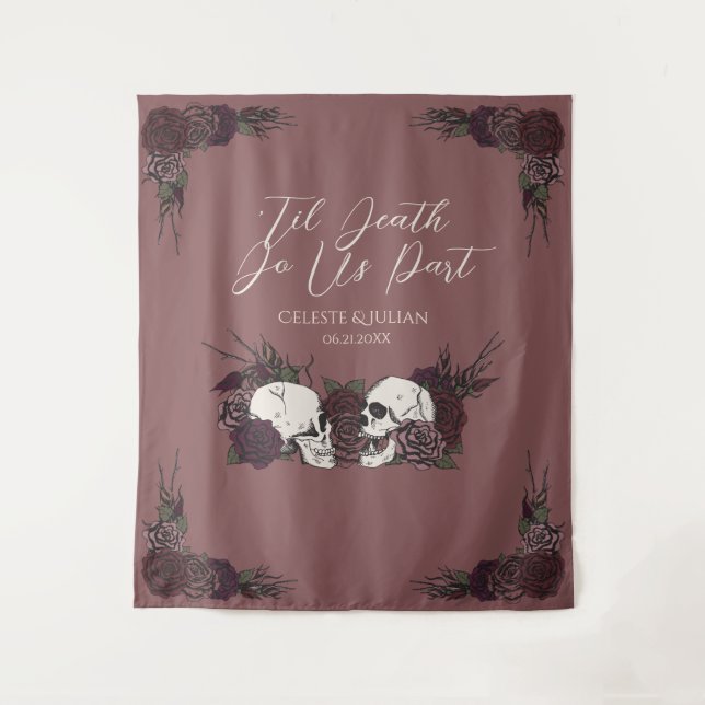 Gothic Til Death Dark Mauve Floral Skull Tapestry (Front)