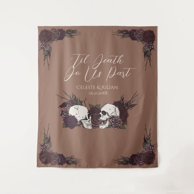 Gothic Til Death Dark Tan Floral Skull Tapestry (Front)
