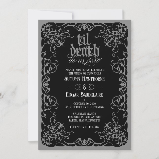 Gothic Til Death Grey Black Wedding Invitation (Front)