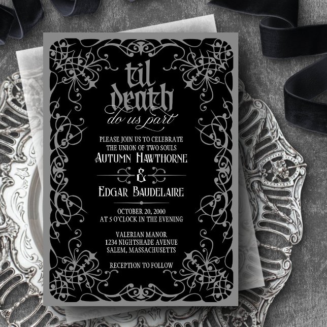 Gothic Til Death Grey Black Wedding Invitation (Creator Uploaded)